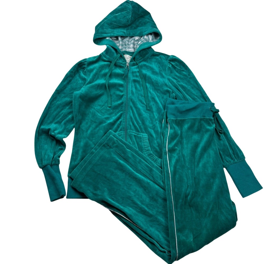 VTG Y2K Sideways Teal Green Velour Tracksuit Set Hoodie Wide Leg Pants SZ Small